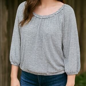 Max Studio London Striped Peasant Blouse Black White S